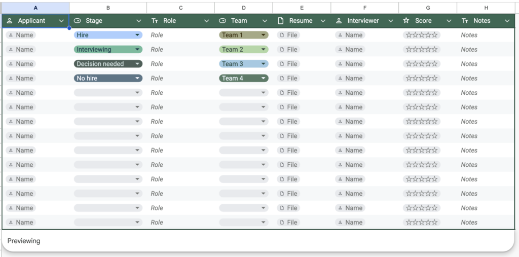 Google Table Templates - Recruitment Applications